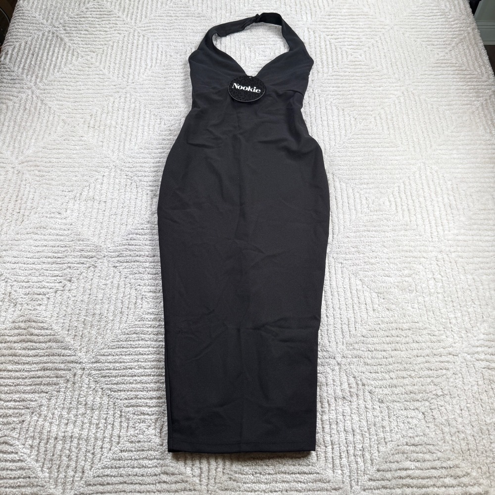 Nookie Medea Midi Dress Women's XS Black Halter V-Neck Bodycon NWT Sexy LBD Chic